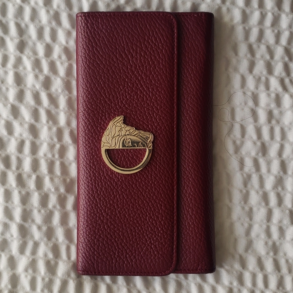 Versace Burgundy Wallet with Gold Medusa Logo